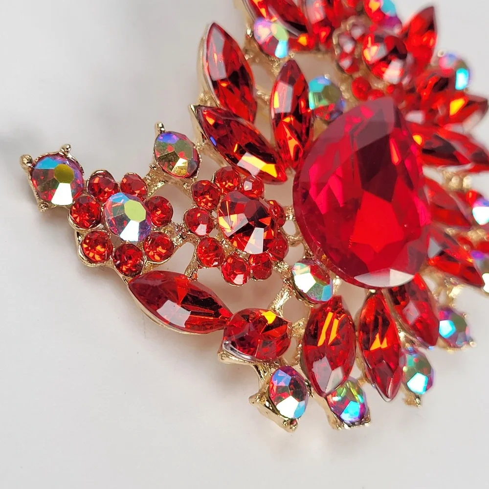 Large Red Rhinestone Brooch Gold Tone AB Crystal Floral Pendant Statement Pin